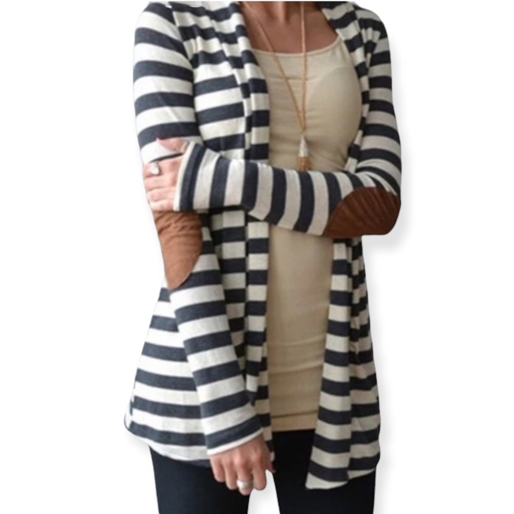 Fray Daisy Long Sleeve Striped Cardigan w/ Elbow Patches
